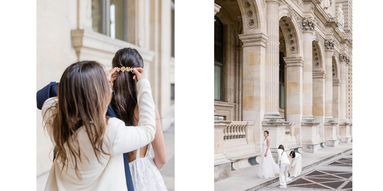 photos de mariée entrain de se faire coiffure avec une barrette de mariée en or 