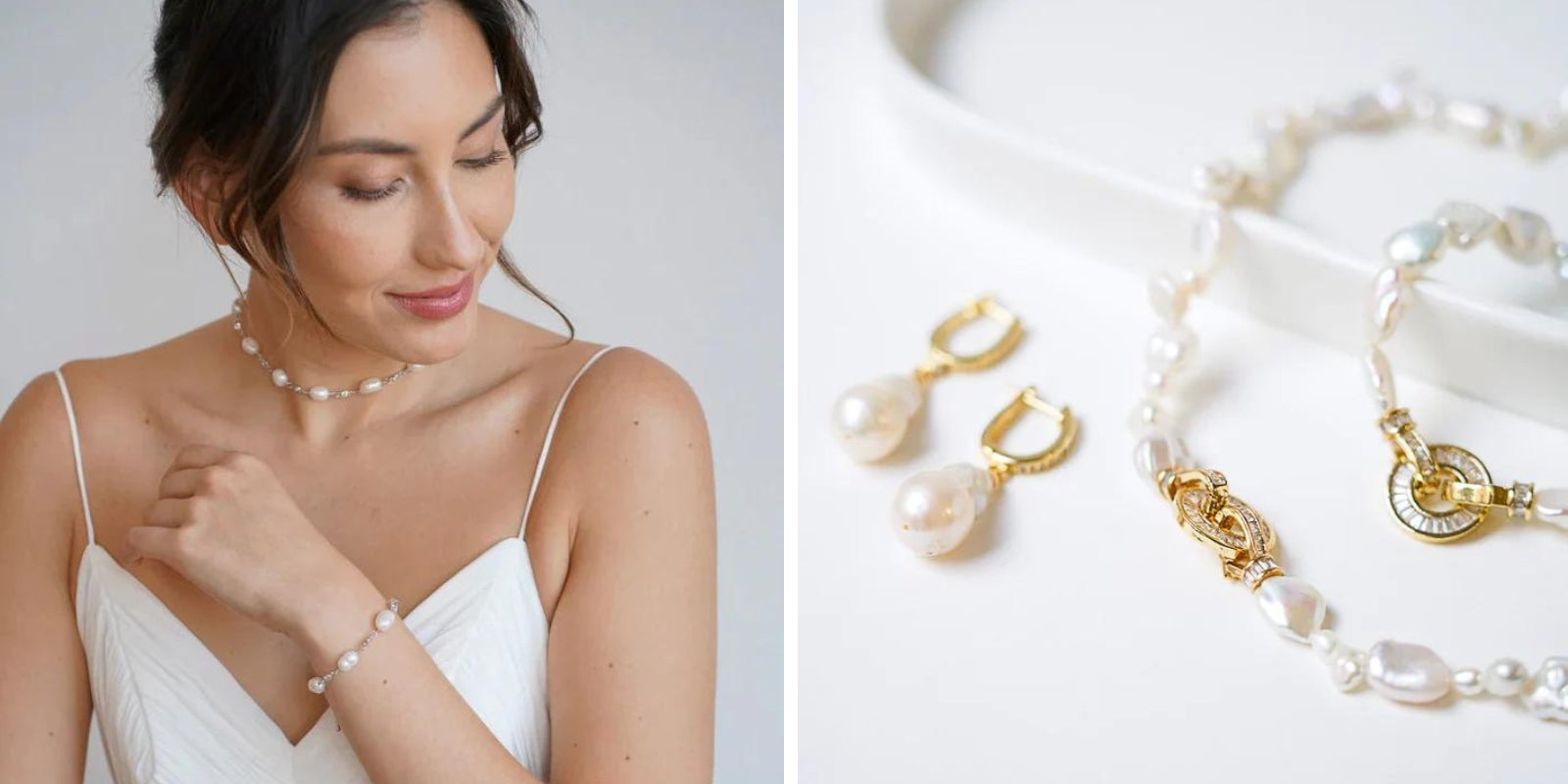 accessoires de mariage en perles naturelles style année 20 avec un collier un bracelet et des boucles d'oreilles