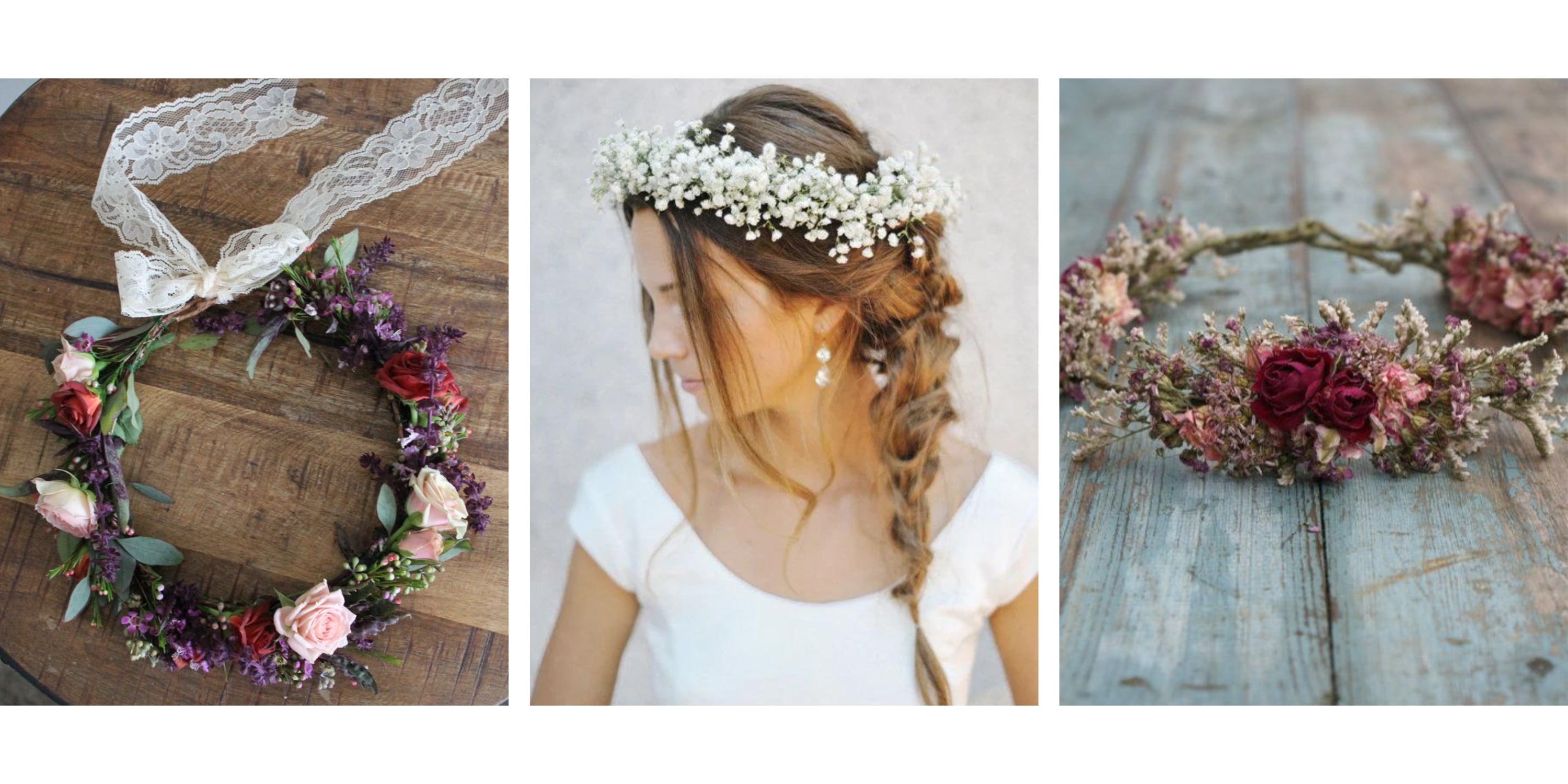 3 photos de couronnes de fleurs séchées rose rouge et violette pour mariée