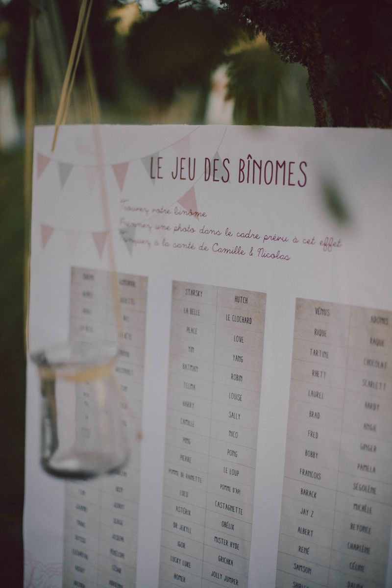 affiche avec les règles du jeu des binomes pour une animation de mariage