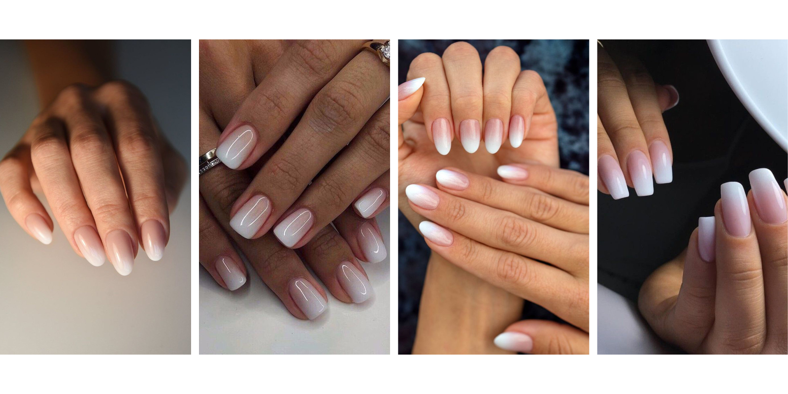 4 photos d'ongles de mariées avec un style de vernis baby boomer, dégradé du blanc sur un vernis nude ou rose