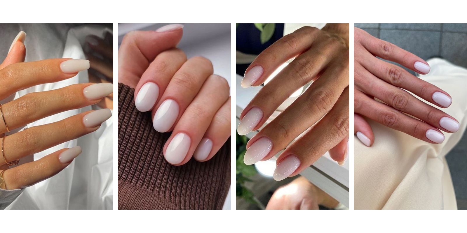 4 images d'ongles de mariées avec du verni de couleur milky