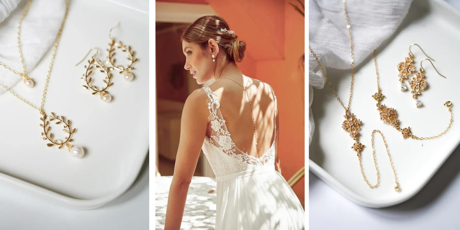 3 photos de bijoux pour mariée avec des perles naturelles et des ornements 