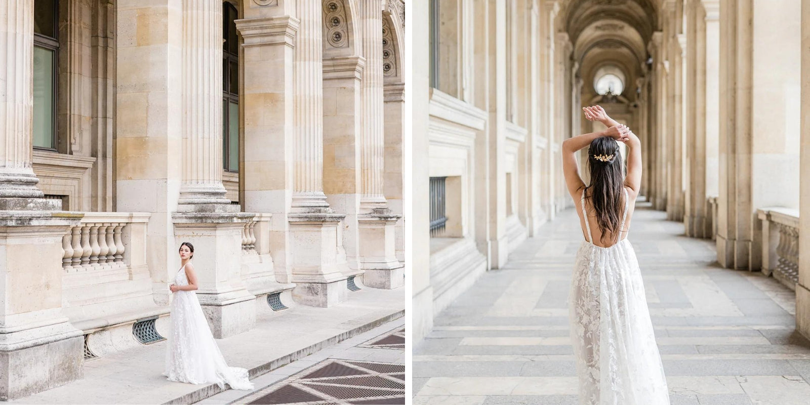 mariée dans la ville de paris portant une robe avec de la dentelle et des accessoires de mariée en or