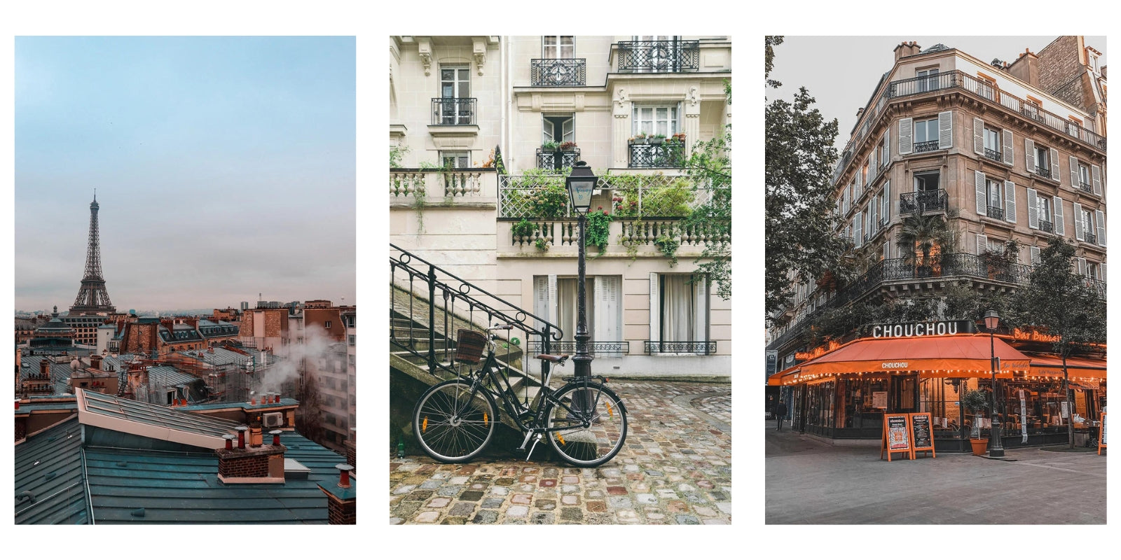 lieux de paris pour faire un shooting de paris avec la Tour Eiffel un vélo et une devanture de café