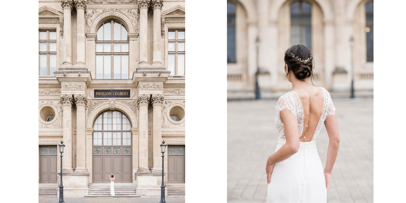 mariée dans la ville de Paris portant une robe de mariée avec un dos nu et un collier de dos 