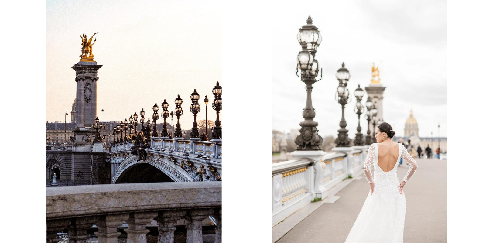 pont Alexandre 3 dans Paris avec une mariée qui porte une robe de mariée blanche avec des manches longues 