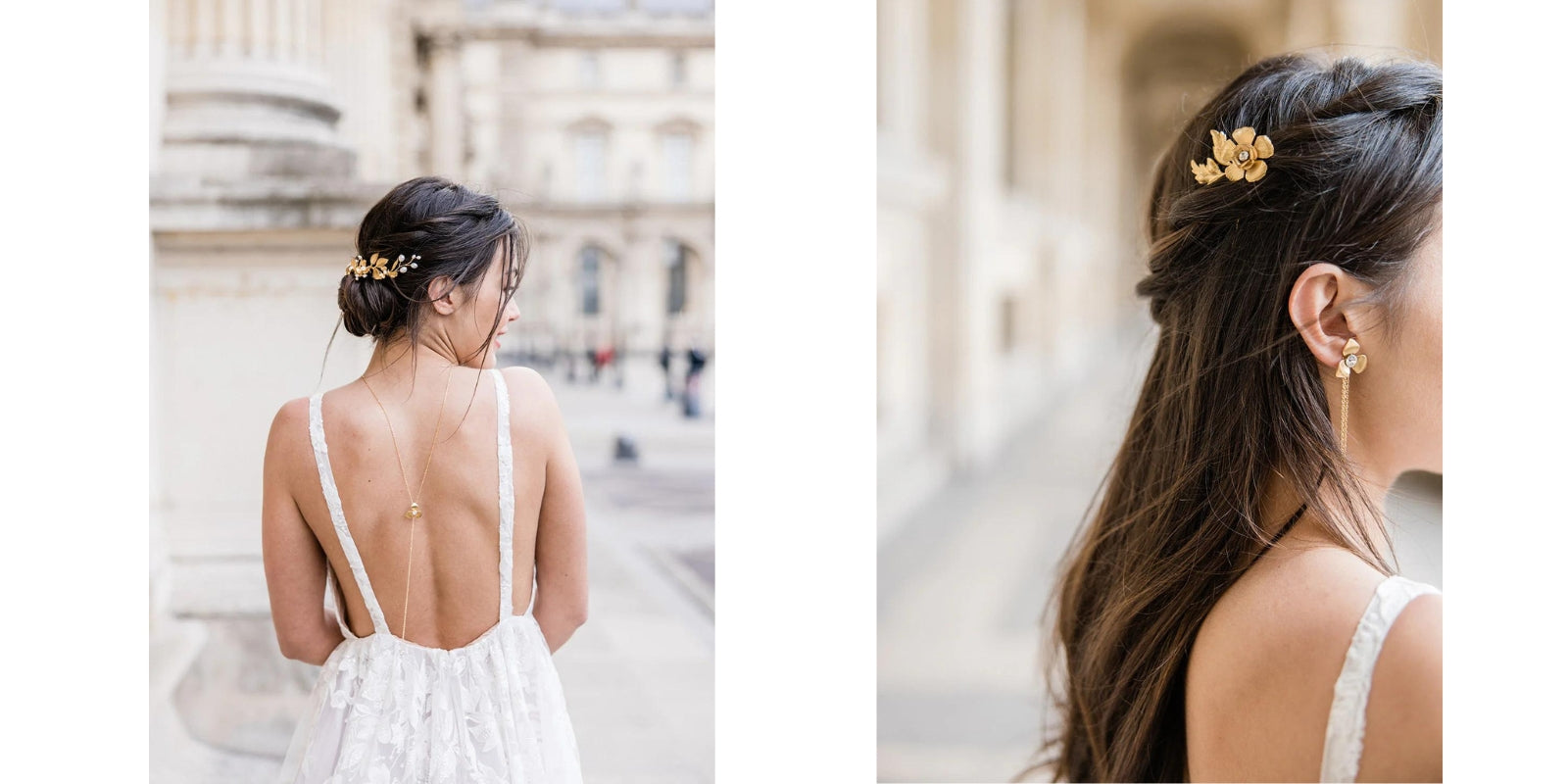 femme en robe de mariage avec des accessoires de cheveux en or et avec des perles naturelles d'eau douce