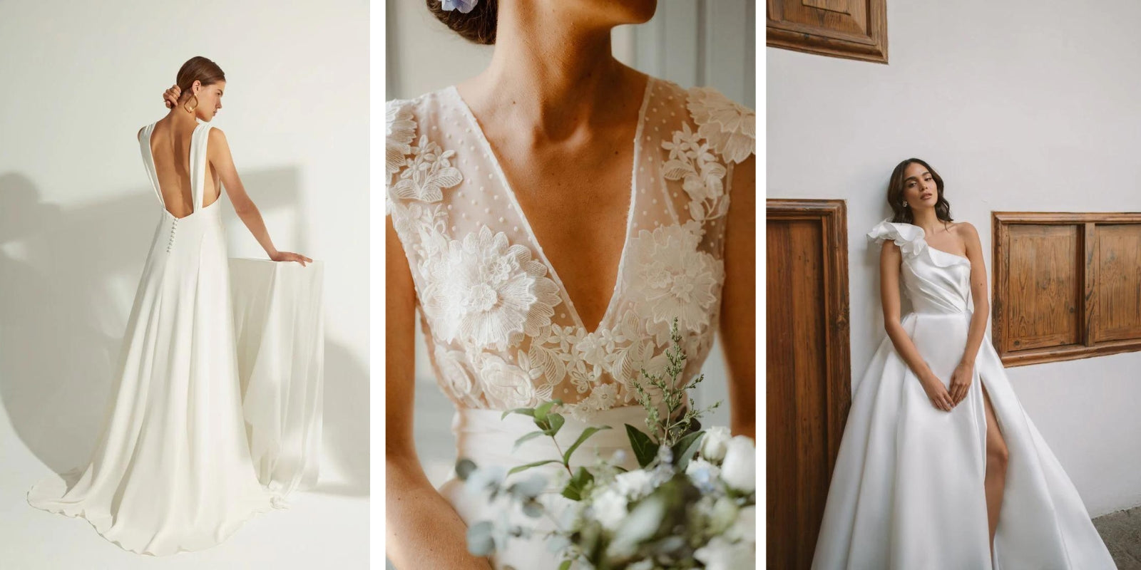 3 femmes en robe de mariées style moderne avec un dos nu, de la dentelle minimaliste et un bustier une manche