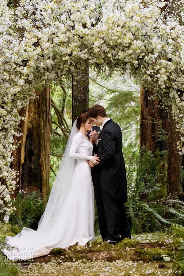 Bella et Edward qui se marie sous une arche fleuri dans des tenues de mariages classiques